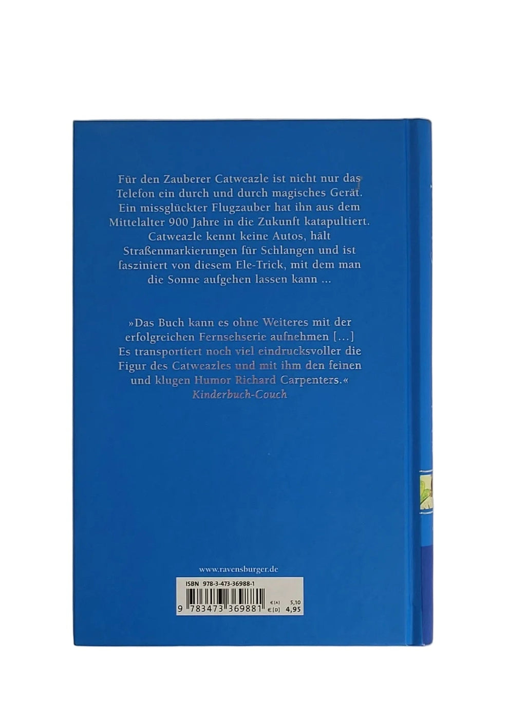 Bild 2 (Rückseite): Buchrückseite des Kinderbuchs Catweazle mit Klappentext, Zitat von Kinderbuch-Couch und Barcode mit ISBN 978-3-473-36988-1.