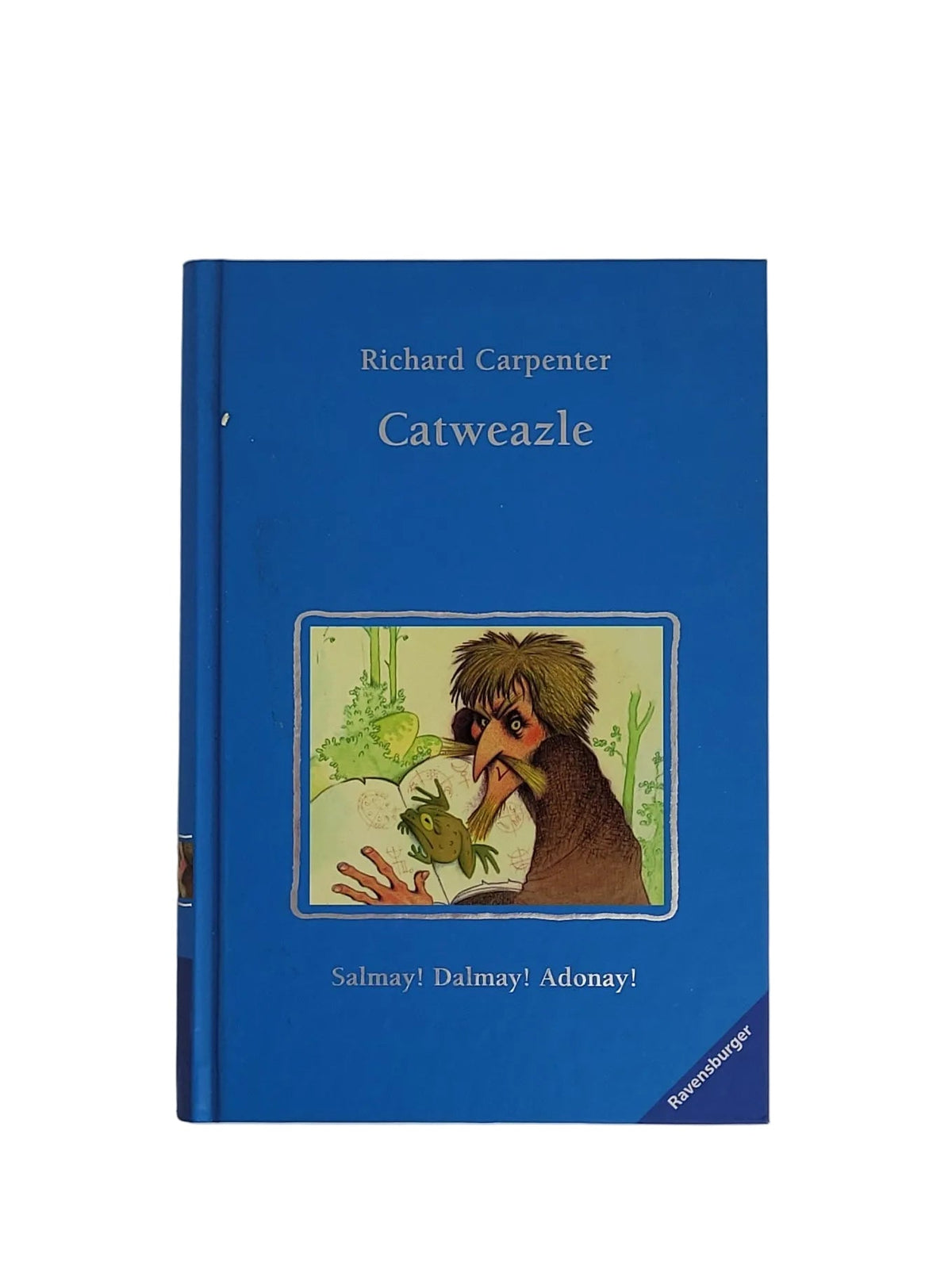 Bild 1 (Vorderseite): Blaues Buch-Cover "Catweazle" von Richard Carpenter aus dem Ravensburger Verlag mit einer Illustration des Zauberers und seiner Kröte.