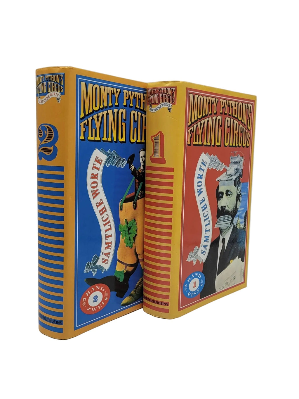 „Zweiteilige Film‑Bibliothek Monty Python’s Flying Circus – Sämtliche Worte, gebrauchte fast neuwertige Hardcover‑Ausgabe, ISBN 3‑86150‑206‑2 und 3‑86150‑207‑0.“