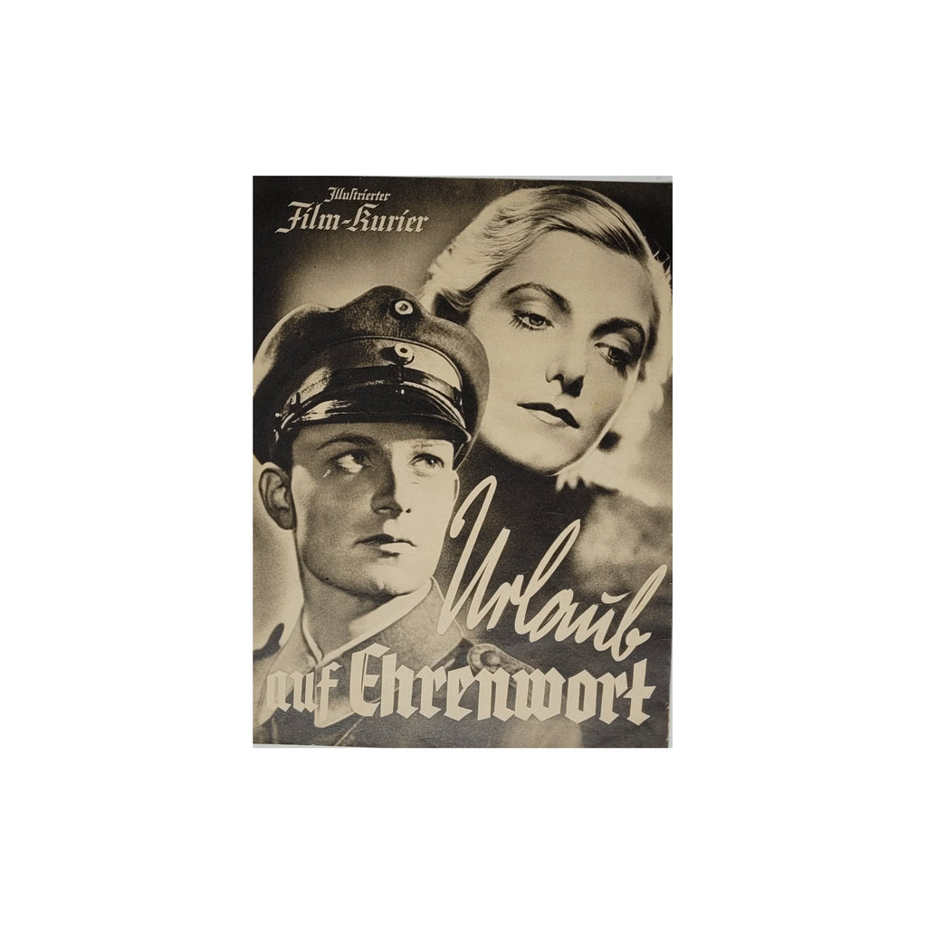 „Illustrierter Film‑Kurier Nr. 2756 – Urlaub auf Ehrenwort (1938); vierseitiges großformatiges Filmheft 22,5 × 30 cm, schwarz‑weiß, Heftklammern leicht angerostet, Ecken und Seiten leicht bestoßen.“