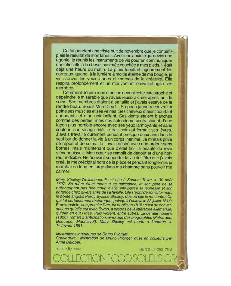 „Mary Shelley – Frankenstein, Gallimard Collection 1000 Soleils Or 1982, französisches Hardcover, guter Zustand.“