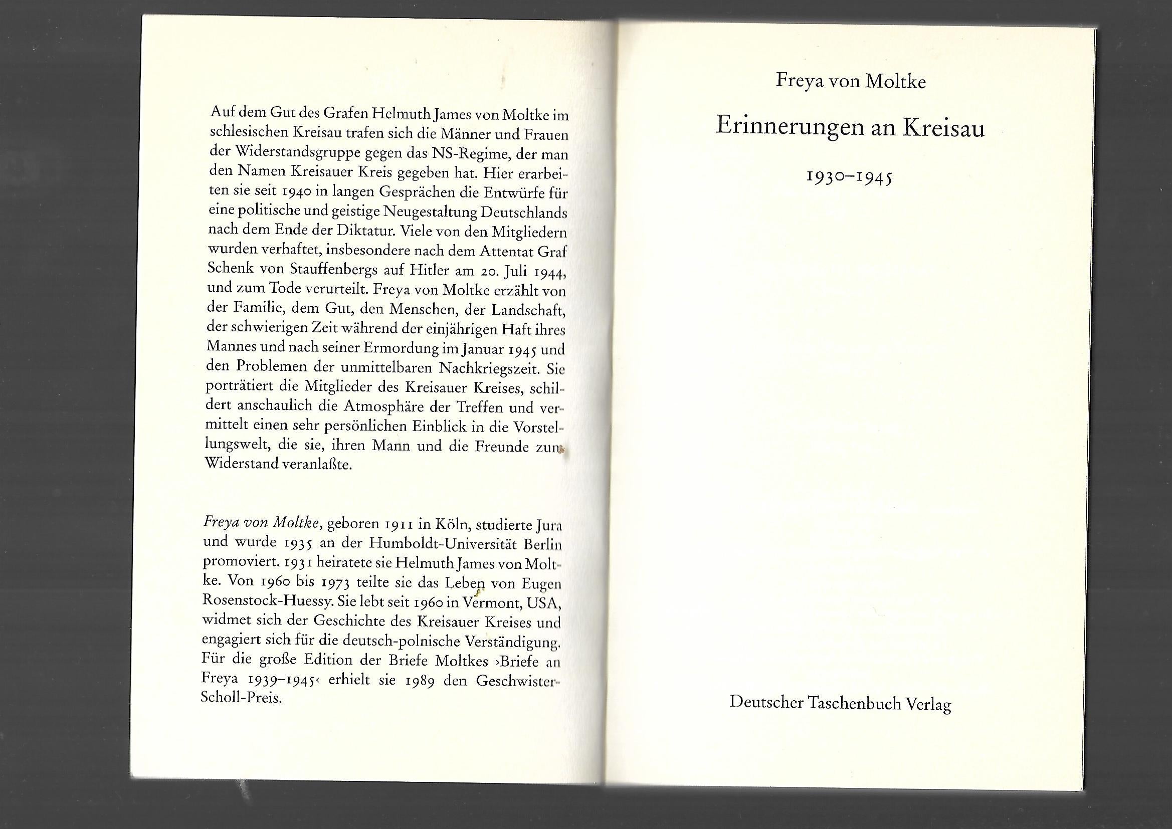 Biographie Freya von Moltke Erinnerungen an Kreisau - 1930 - 1945 - Widerstandsgruppe um Helmuth James von Moltke dtv 2001