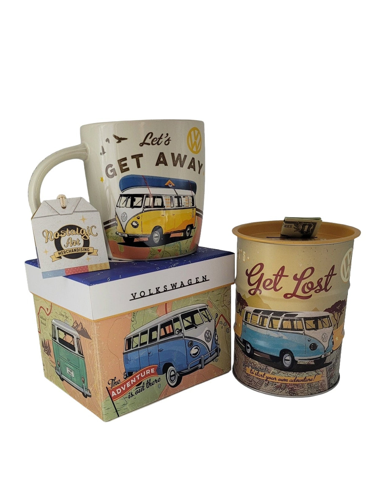 Angebot "Geschenkset 01" VW Let's get away Tasse (in Geschenkbox) & Spardose Let's get lost (Nostalgic Art)