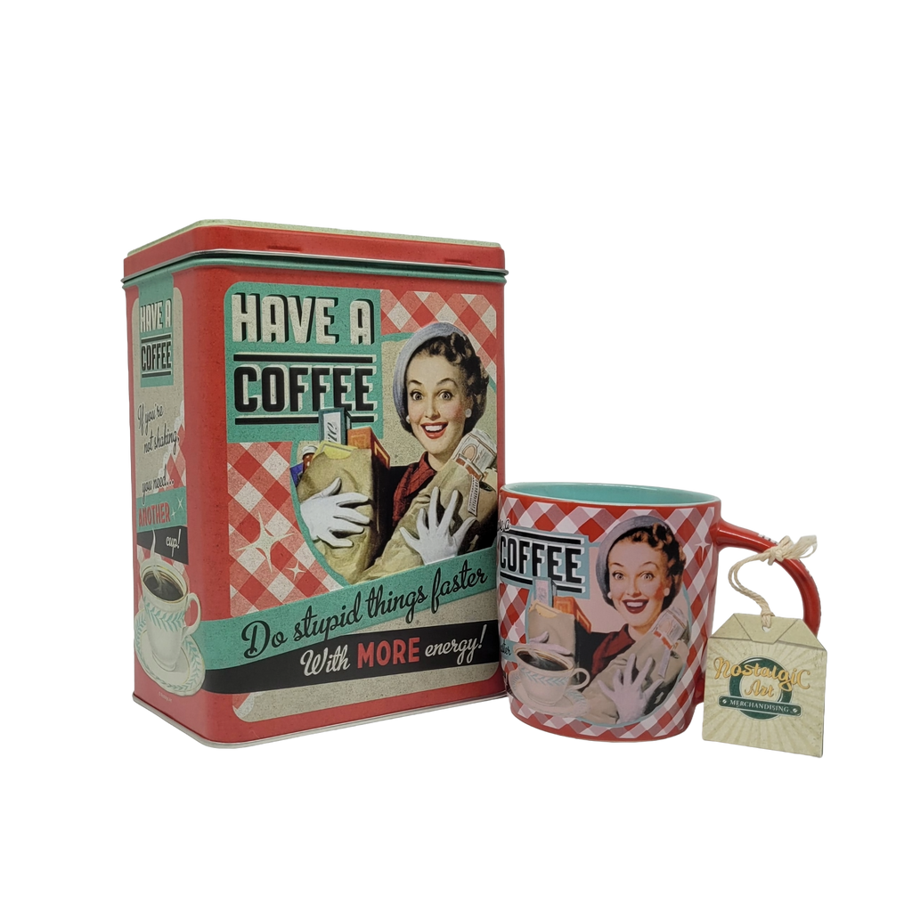 „Geschenkset mit Keramiktasse und großer Vorratsdose im Retro‑Design ‚Have a coffee‘ von Nostalgic Art“