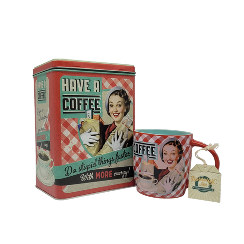 „Geschenkset mit Keramiktasse und großer Vorratsdose im Retro‑Design ‚Have a coffee‘ von Nostalgic Art“