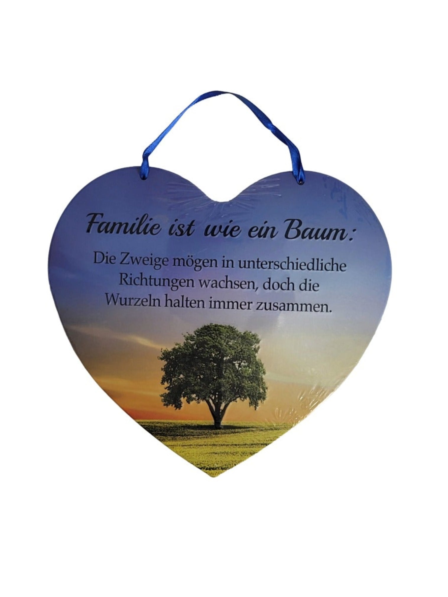 „Herz‑Blechschild 17 × 20 cm – ‚Familie ist wie ein Baum‘; silberfarbenes Metallschild