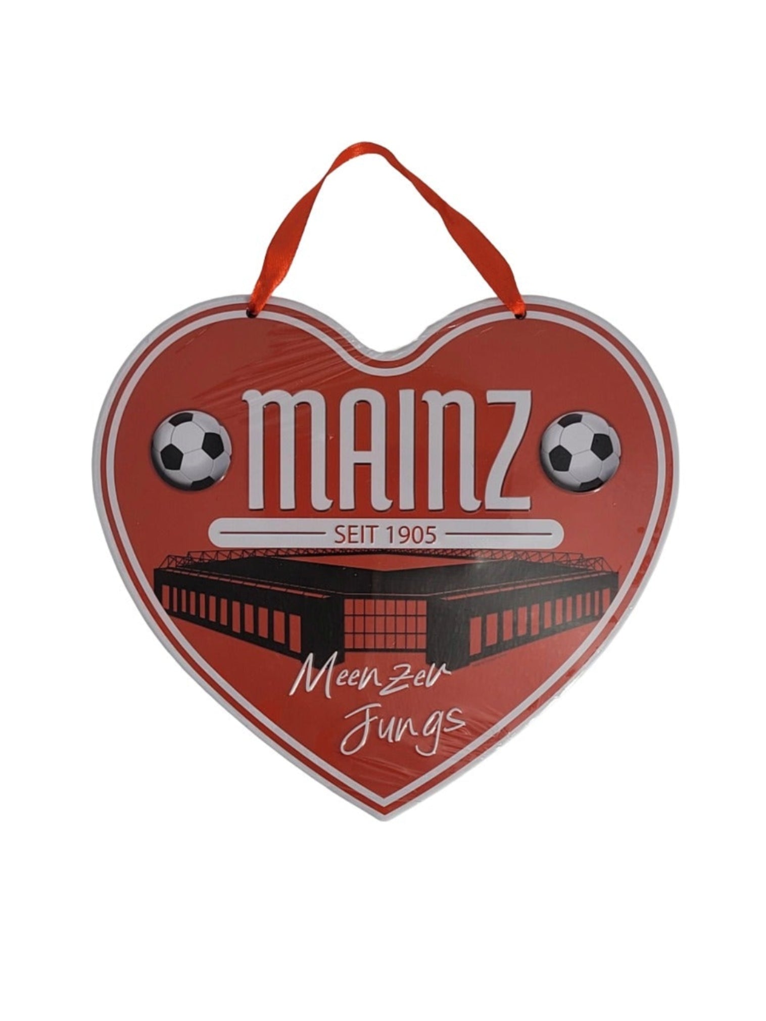 „Herz‑Blechschild 17 × 20 cm – Mainz 05 Meenzer Jungs; silber‑blaues Metallschild, seidenmattes Finish, Herzform, vertikal hängend, mit Aufhänger.“