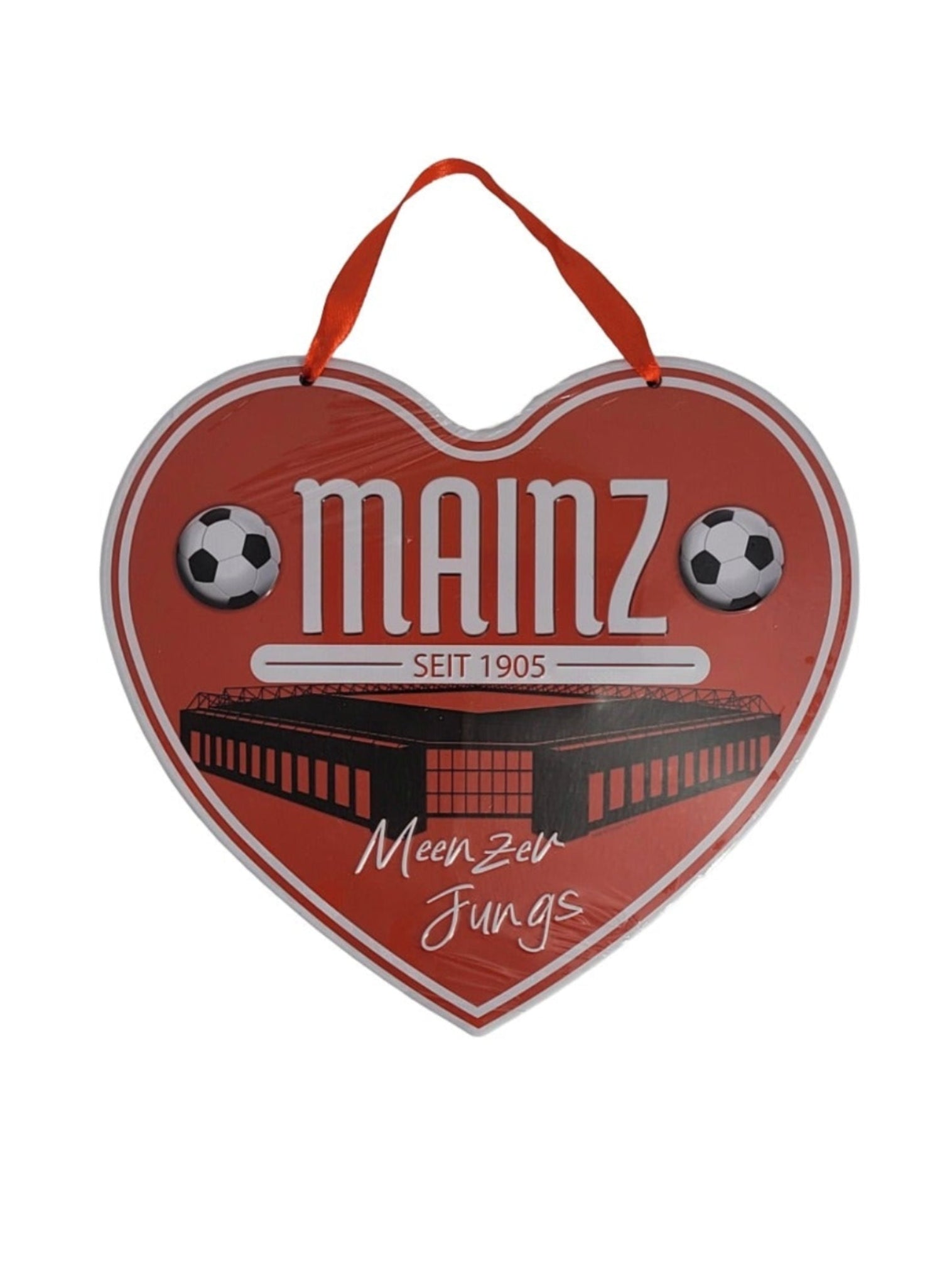 „Herz‑Blechschild 17 × 20 cm – Mainz  Meenzer Jungs;  Metallschild rot, seidenmattes Finish, Herzform, vertikal hängend, mit Aufhänger.“