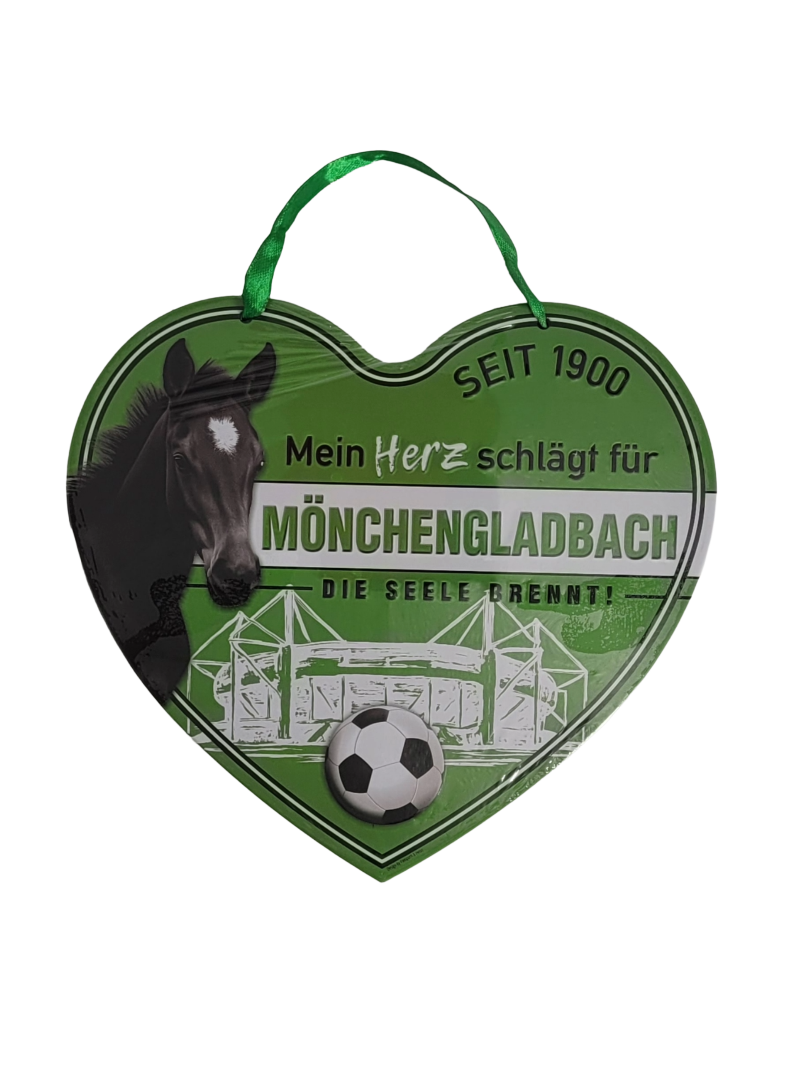 „Herzförmiges Blechschild ‚Mein Herz schlägt für Mönchengladbach – Die Seele brennt‘; farbig bedrucktes Metallschild im Format ca. 17 × 20 cm; seidenmattes Finish; mit Aufhänger zur Wandmontage.“