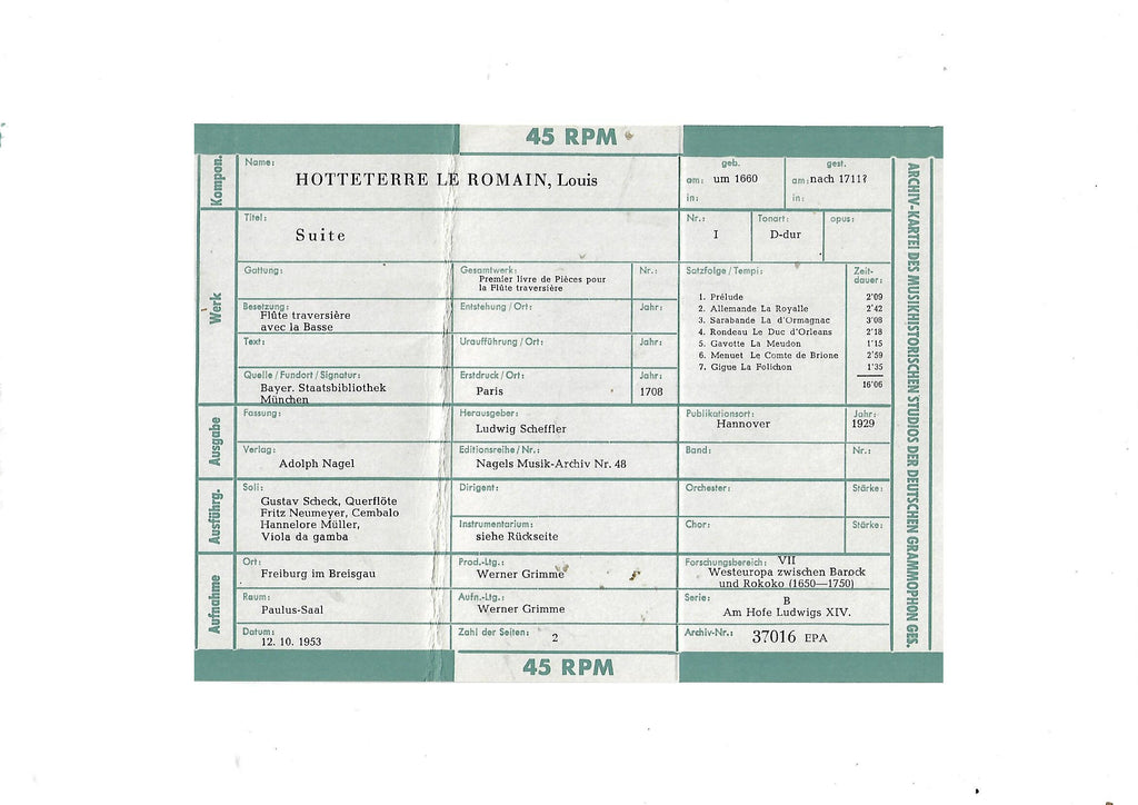 Schallplatte Vinyl Jaques Martin  Hotteterre Le Romain − Suite No. 1 Pour La Flûte Traversiere ....