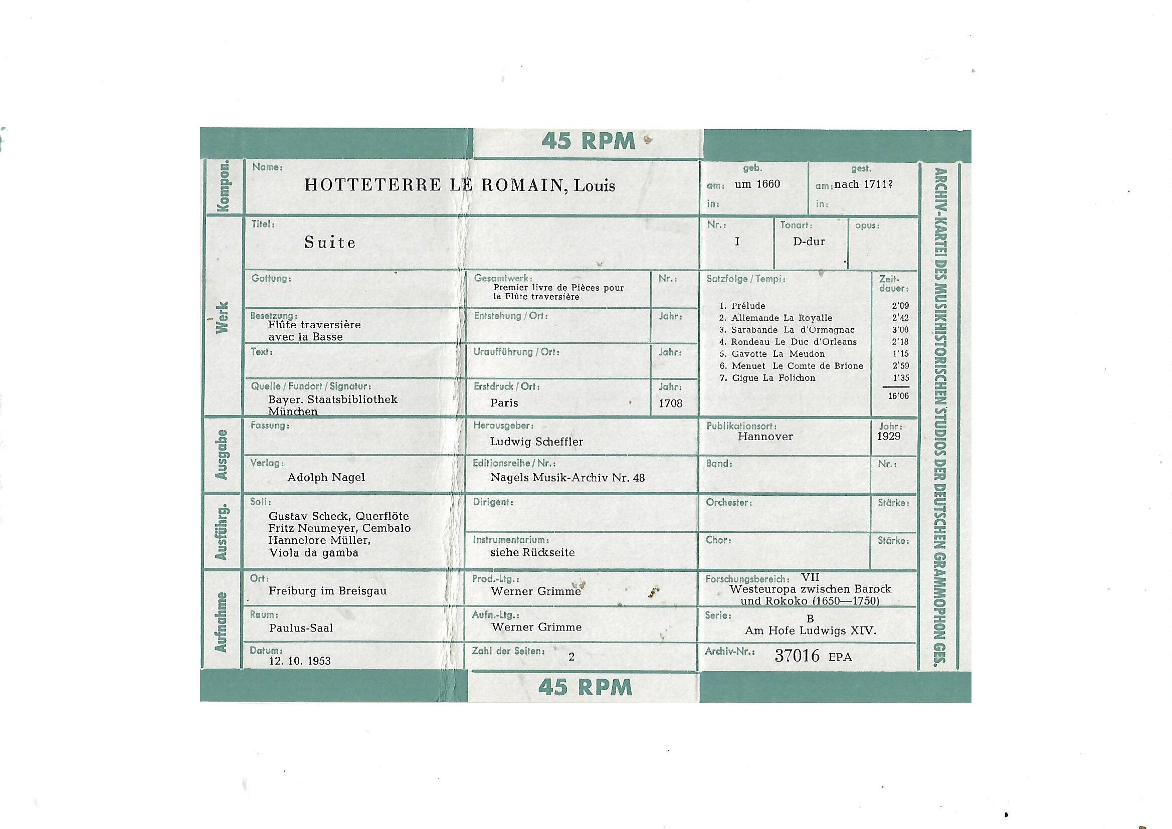 Schallplatte Vinyl Jaques Martin  Hotteterre Le Romain − Suite No. 1 Pour La Flûte Traversiere ....
