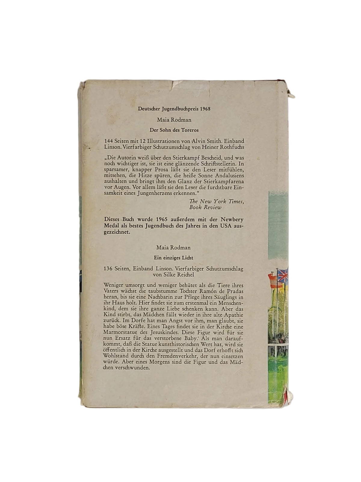 Rückseite des Schutzumschlags mit Verlagswerbung des Herold Verlags für Jugendbücher von Maia Rodman sowie Hinweisen zum Deutschen Jugendbuchpreis.
