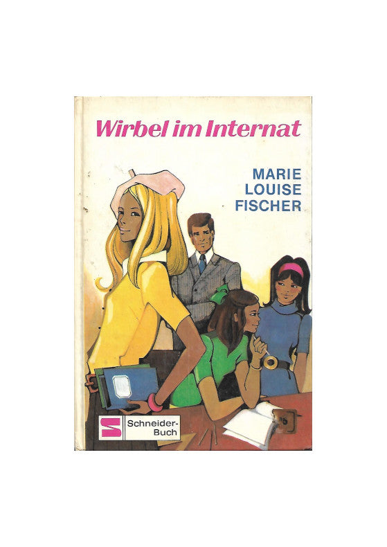 zu sehen ist auf dem Titelbild eine Teenagerin mit blonden Haar und einer Baskenmütze, sie hat Buecher in der Hand, im Hintergrund 3 weitere Personen, 2 davon Schuelerinnen mit Heft und ein mann im Anzug, der lehrer - 70er Stil