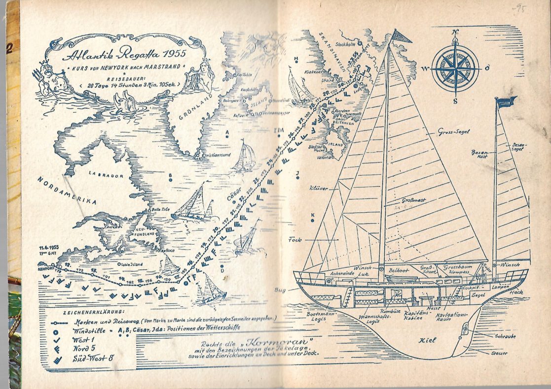ugendbuch Günther Eddelbüttel Wettsegeln der Sieben - Atlantikregatta 1955 GJB 1956 gebraucht, guter Zustand Karte