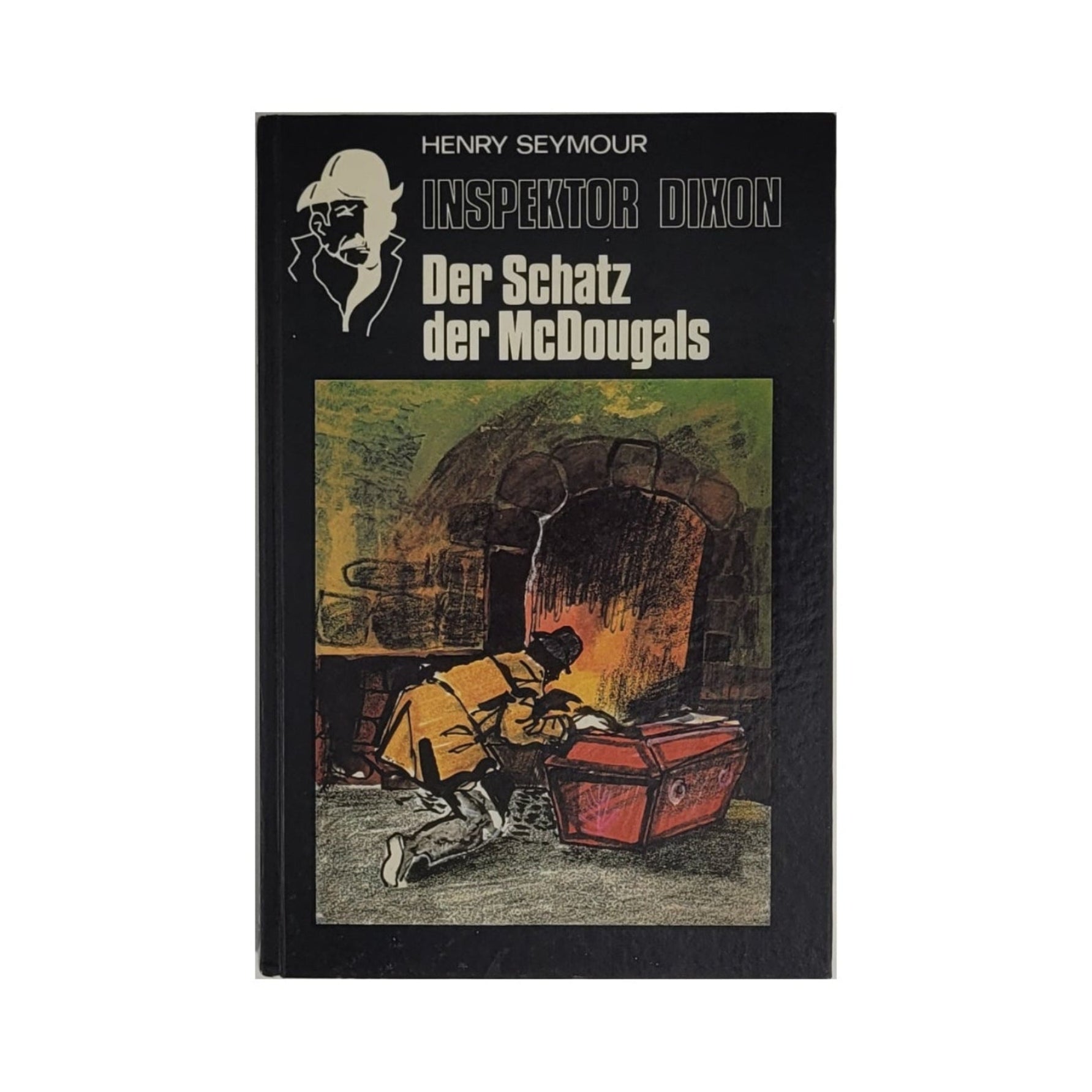 „Buchcover Inspektor Dixon – Der Schatz der McDougals, Tosa Verlag 1975, rundum lackierter Hartpappeinband“