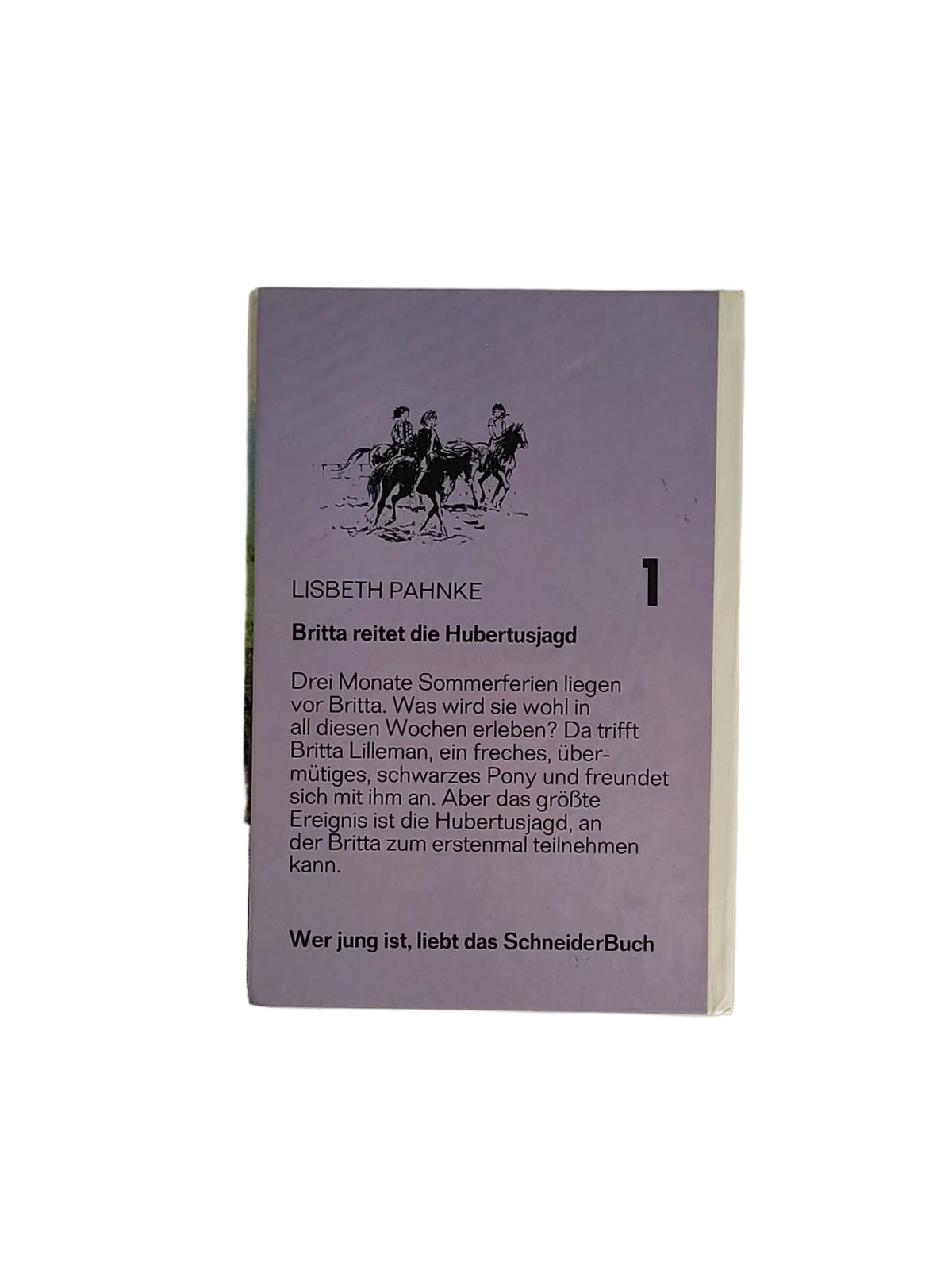 Lila-weiße Rückseite des Schneider-Buchs mit Klappentext und der Bandnummer 1