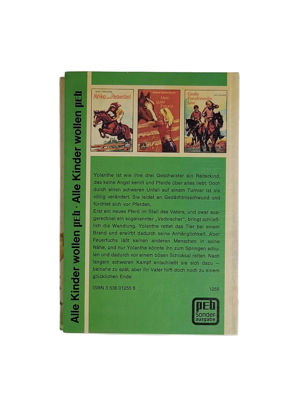 Grün-weiße Rückseite des PEB-Buchs mit Klappentext zur Geschichte um Yolanthe und den Feuerfuchs sowie der ISBN 3-536-01255-8