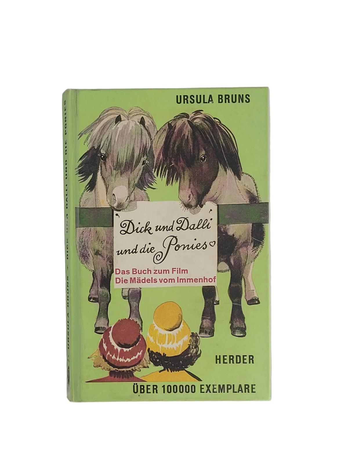 Hellgrünes Hardcover-Buchcover von Ursula Bruns’ „Dick und Dalli und die Ponies“ mit der Zeichnung von zwei Ponys und Kindern mit Mützen.