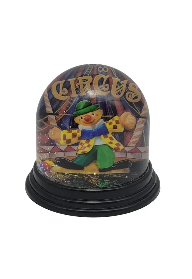 „Schneekugel mit Zirkus-Clown vor CIRCUS-Zelt, ca. 8 cm, Glitzerpartikel, schwarzer Sockel, Vintage-Deko