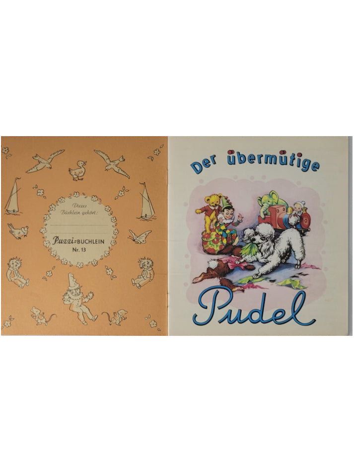 „Innenseite Puzzi 13 – Der übermütige Pudel / Der naschhafte Teddy, farbige Tierillustrationen, sauber erhalten“