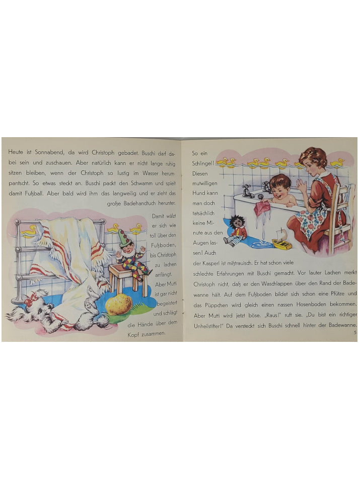 „Innenseite Puzzi 13 – Der übermütige Pudel / Der naschhafte Teddy, farbige Tierillustrationen, sauber erhalten“