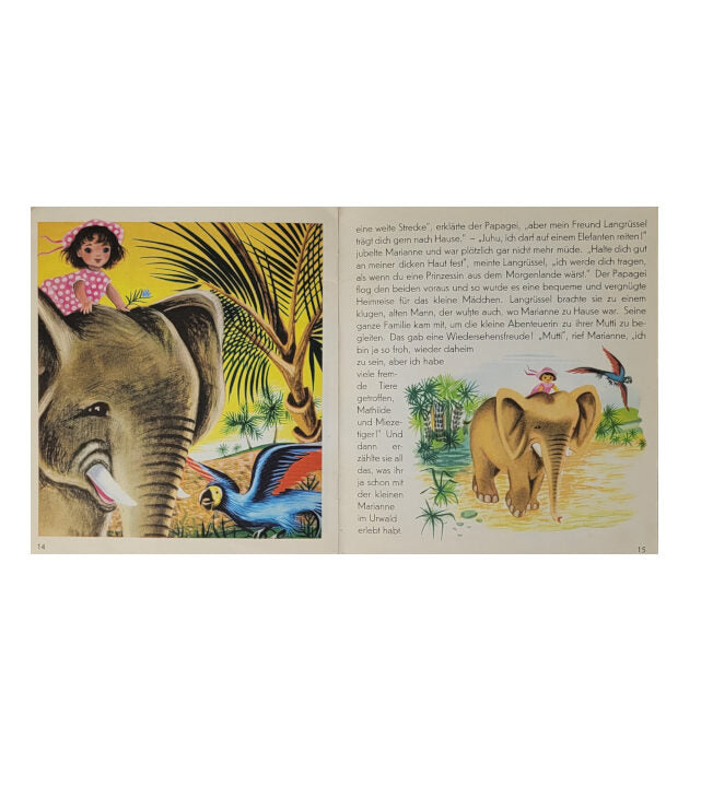 „Innenseite Puzzi 3 – Marianne im Urwald, farbige Tier‑ und Urwaldillustrationen, sauber erhalten“