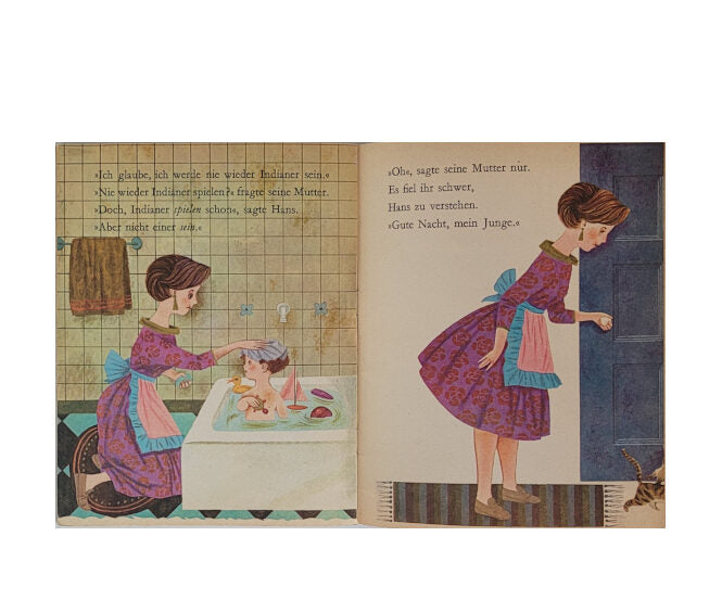„Innenseite Happy Buch Nr. 1028 – Heute bin ich ein Indianer, 1961, farbige Illustrationen und Textseiten, sauber erhalten“