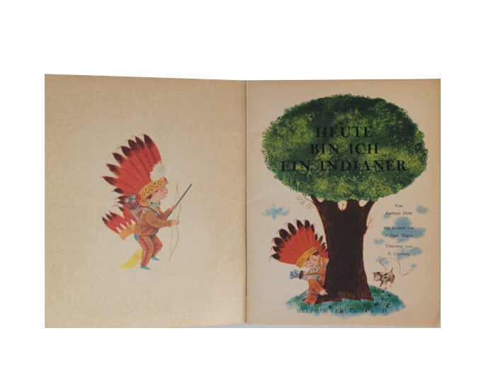 „Innenseite Happy Buch Nr. 1028 – Heute bin ich ein Indianer, 1961, farbige Illustrationen und Textseiten, sauber erhalten“