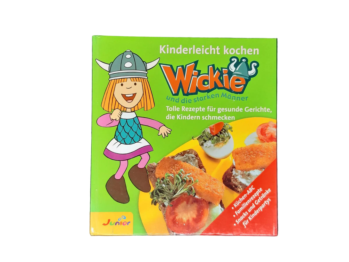 Hardcover-Cover des Kinderkochbuchs „Wickie und die starken Männer – Kinderleicht kochen“ mit einer Illustration der Figur Wickie und Fotos von belegten Broten und Snacks.