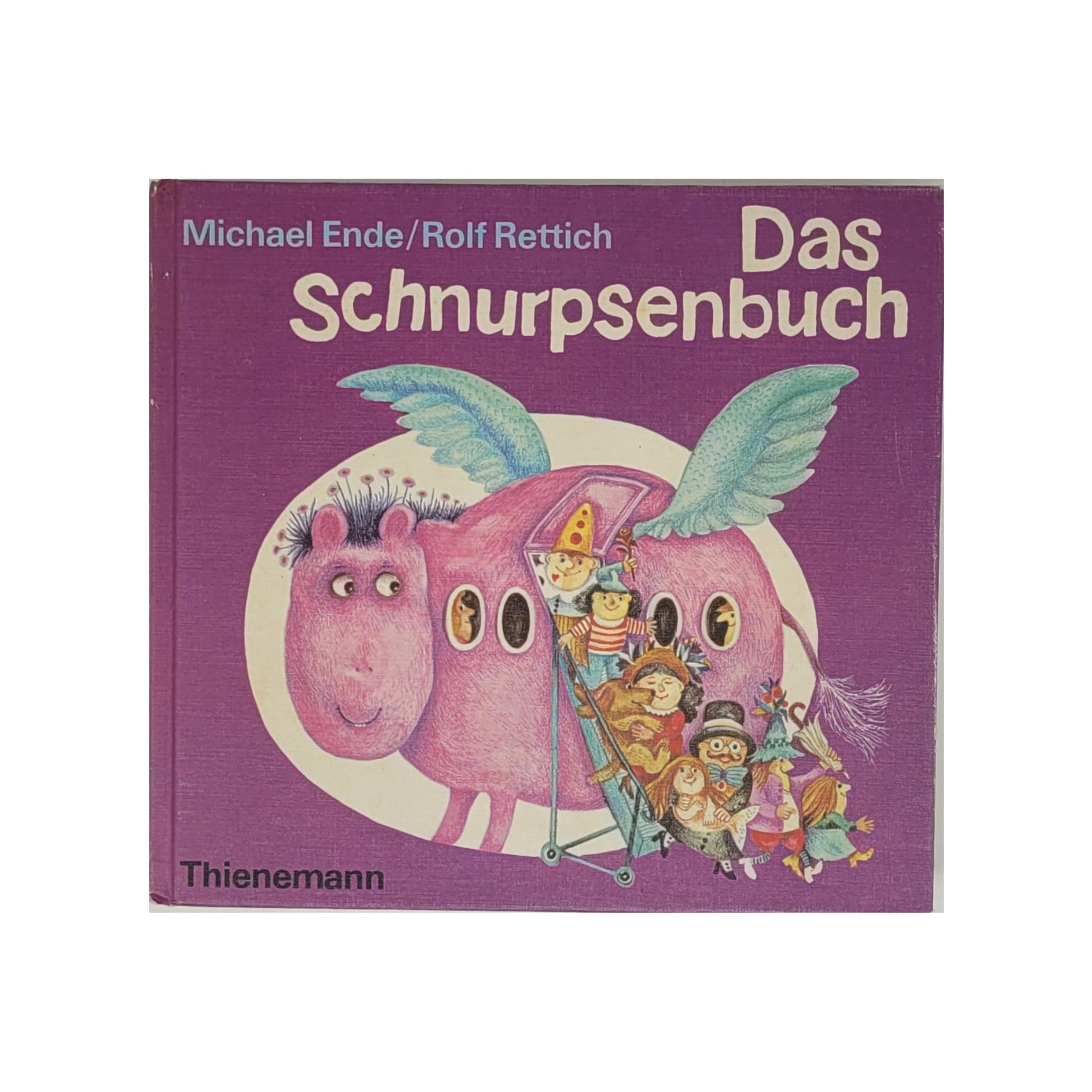 „Cover des Kinderbuchs ‚Das Schnurpsenbuch‘ von Michael Ende und Rolf Rettich, Thienemann Verlag 1979, schwarz/weiß Illustration mit Fantasiefiguren.“