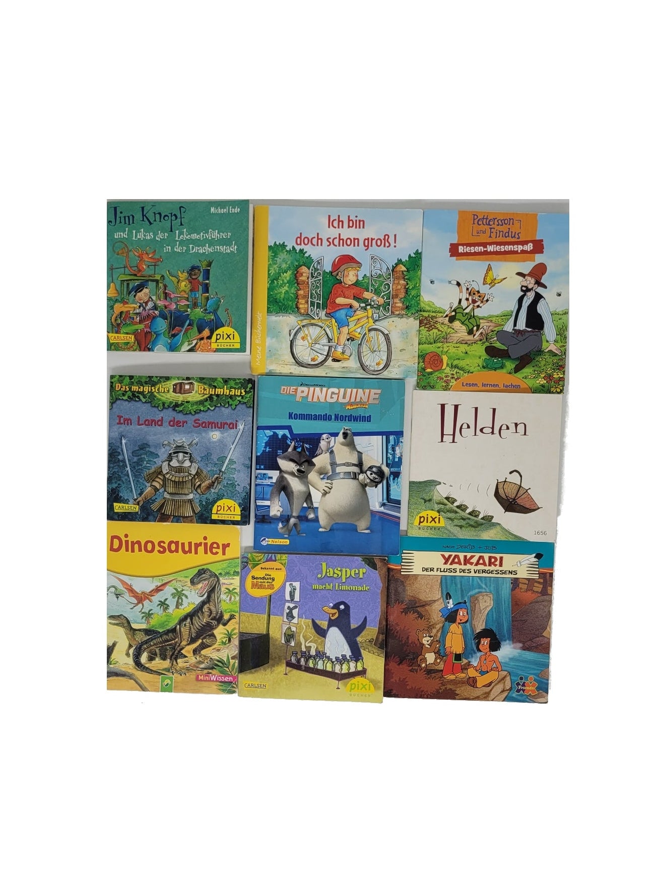 „Set aus 9 Mini‑Kinderbüchern: Pixi Jim Knopf, Magisches Baumhaus, Maus Jasper, Helden; dazu Dinosaurier, Nelson Pinguine, Yakari, Ich bin doch schon groß und Pettersson & Findus; farbig illustrierte kleine Softcover‑Bücher in gutem gebrauchten Zustand.“