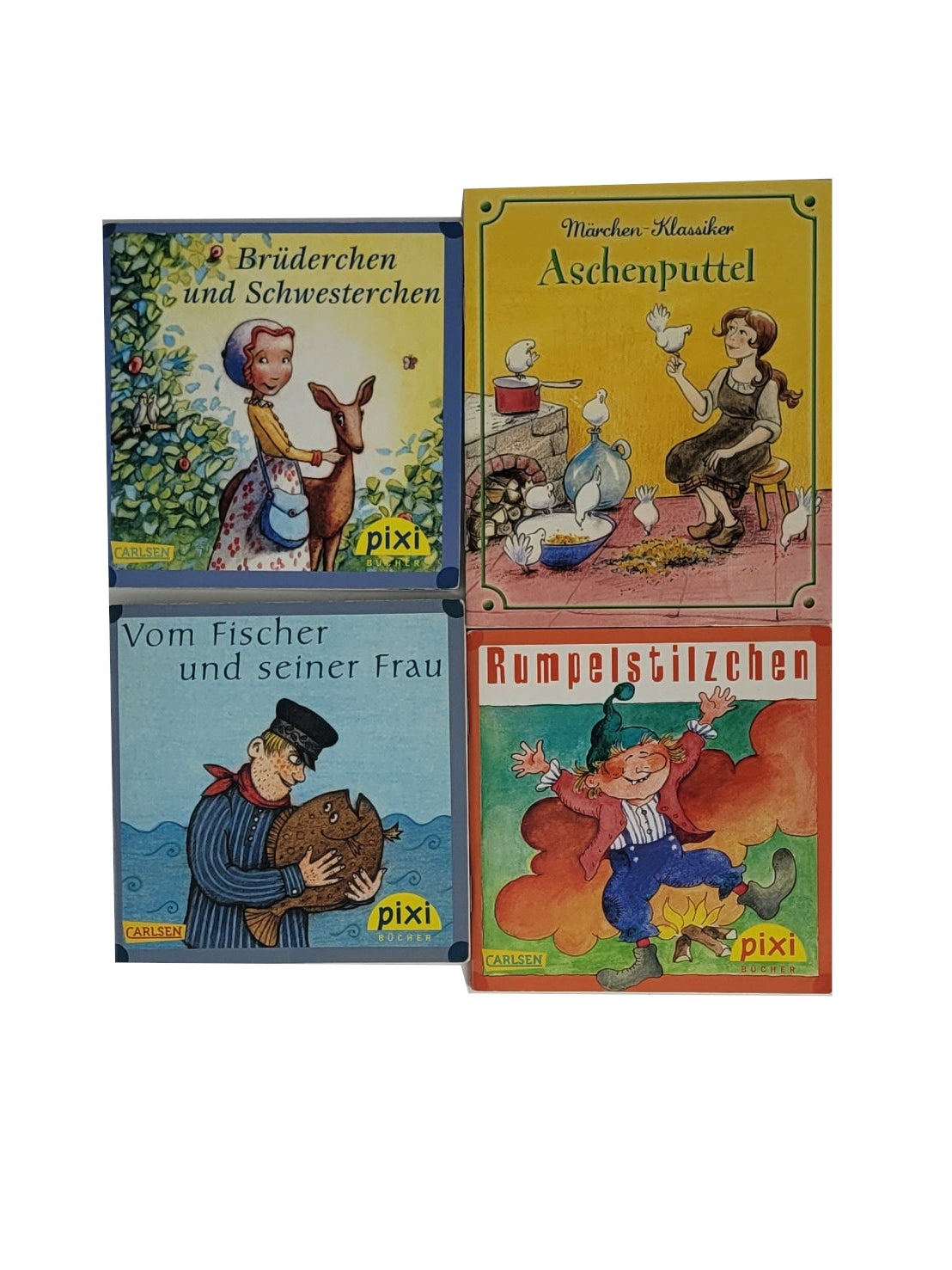 „Set aus 4 Mini‑Märchenbüchern: Pixi Brüderchen und Schwesterchen, Rumpelstilzchen, Vom Fischer und seiner Frau sowie Nelson Aschenputtel; farbig illustrierte kleine Softcover‑Bücher in gutem gebrauchten Zustand.“