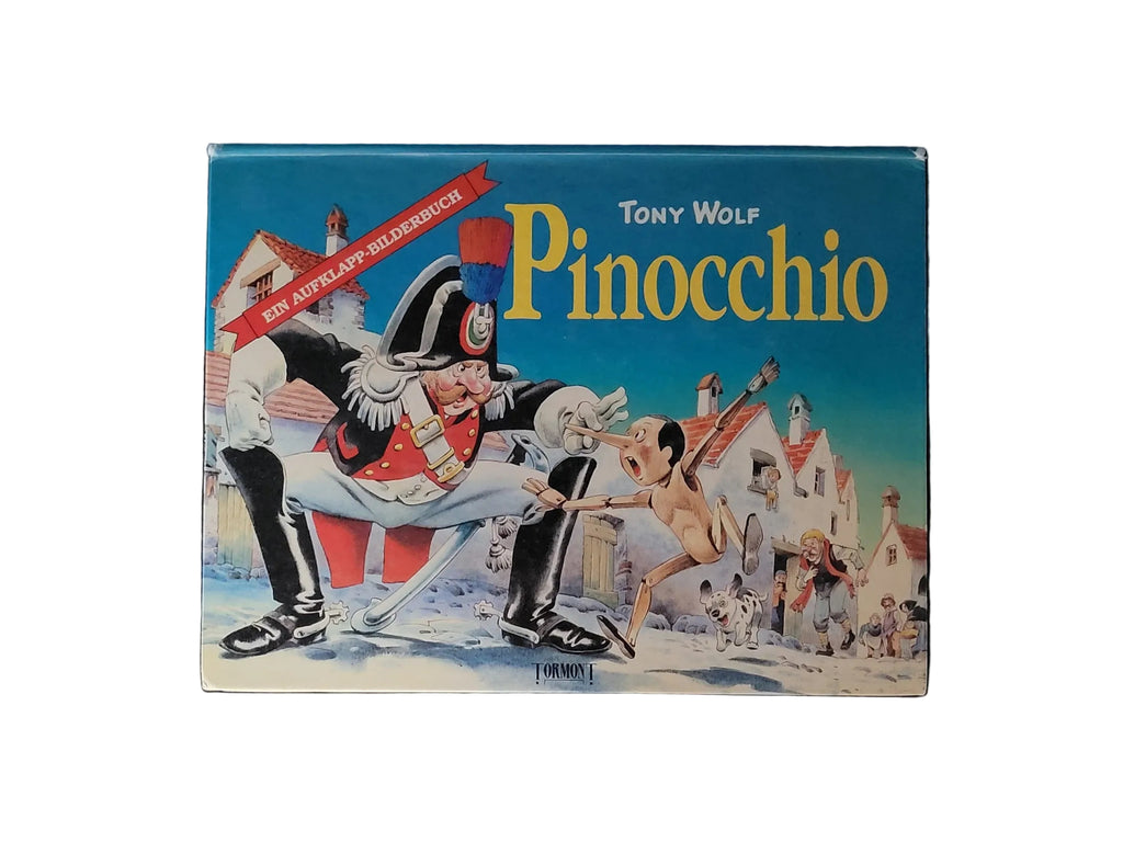Tony Wolf Pop-up-Bilderbuch „Pinocchio“ aus dem Tormont Verlag von 1994 mit farbig illustriertem Einband, aufklappbaren Kulissen und dreidimensionalen Pop-up-Elementen, guter gebrauchter Zustand.