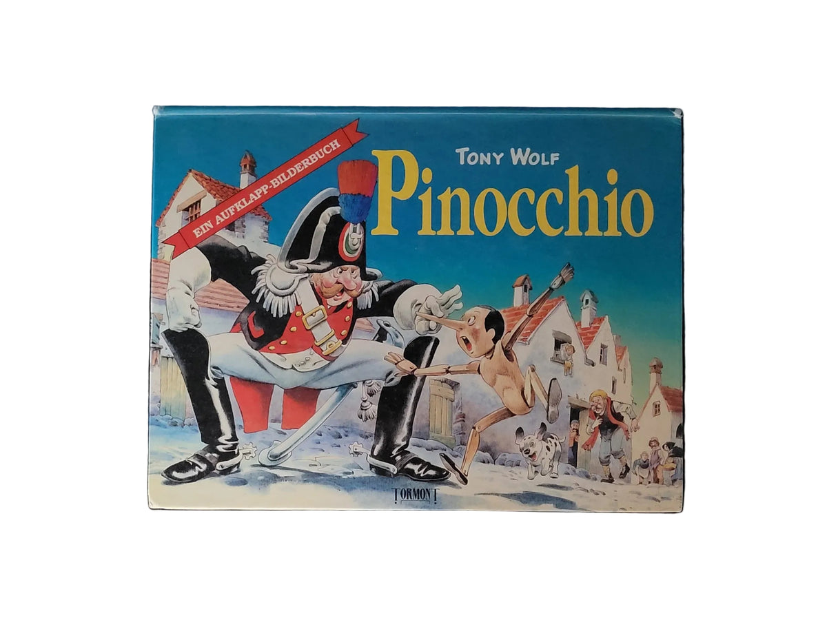 Tony Wolf Pop-up-Bilderbuch „Pinocchio“ aus dem Tormont Verlag von 1994 mit farbig illustriertem Einband, aufklappbaren Kulissen und dreidimensionalen Pop-up-Elementen, guter gebrauchter Zustand.
