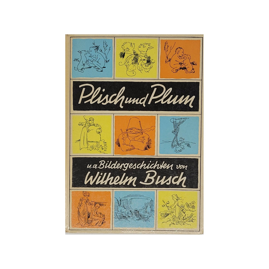 „Buchcover Wilhelm Busch – Bildergeschichten, Neuer Jugendschriften‑Verlag 1959, gebundene Ausgabe, Ecken bestoßen, Einleitungsseite teilweise gelöst“