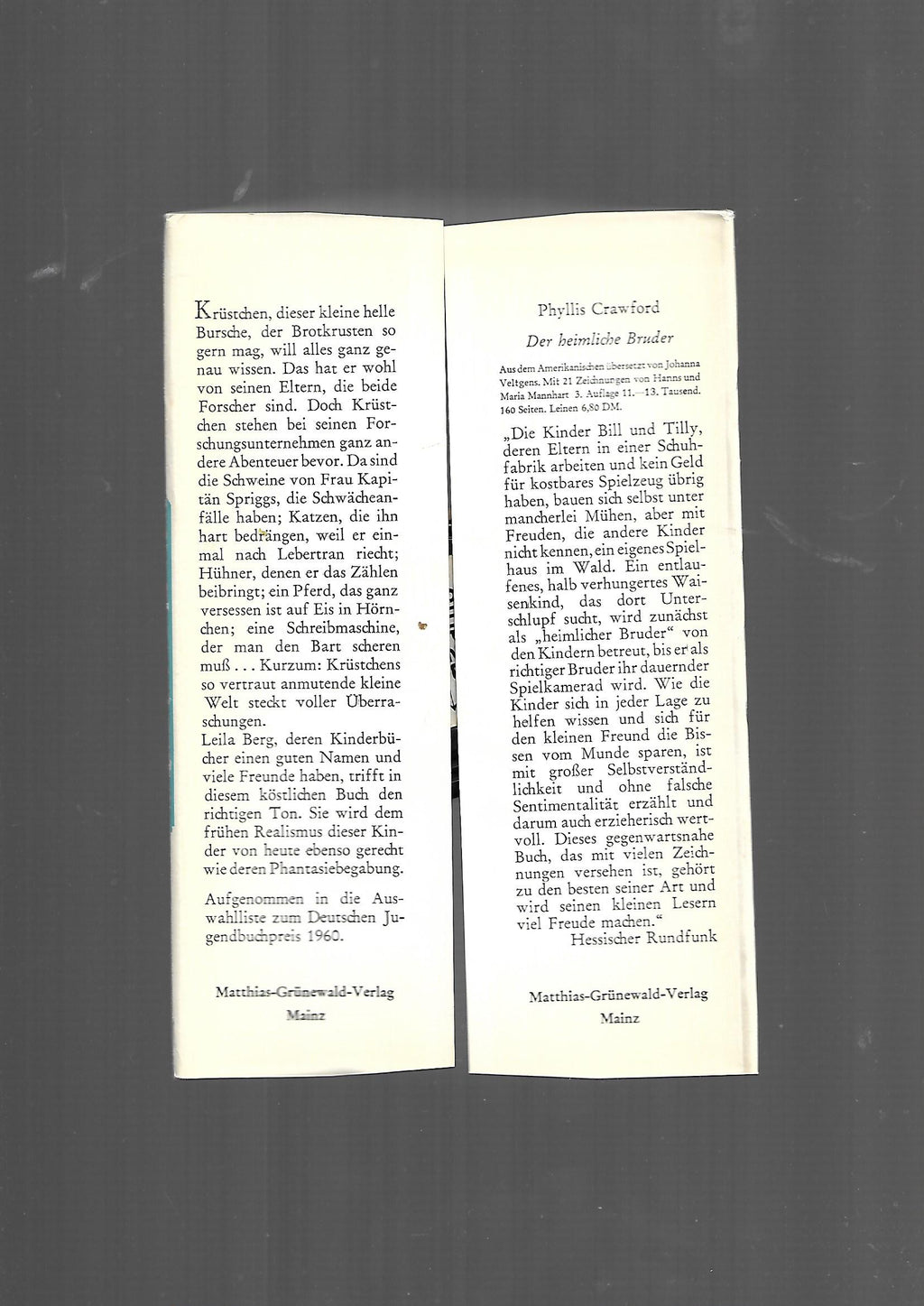 Jugendbuch Leila Berg Krüstchens Abenteuer Matthias-Grünewald-Verlag Mainz  1962