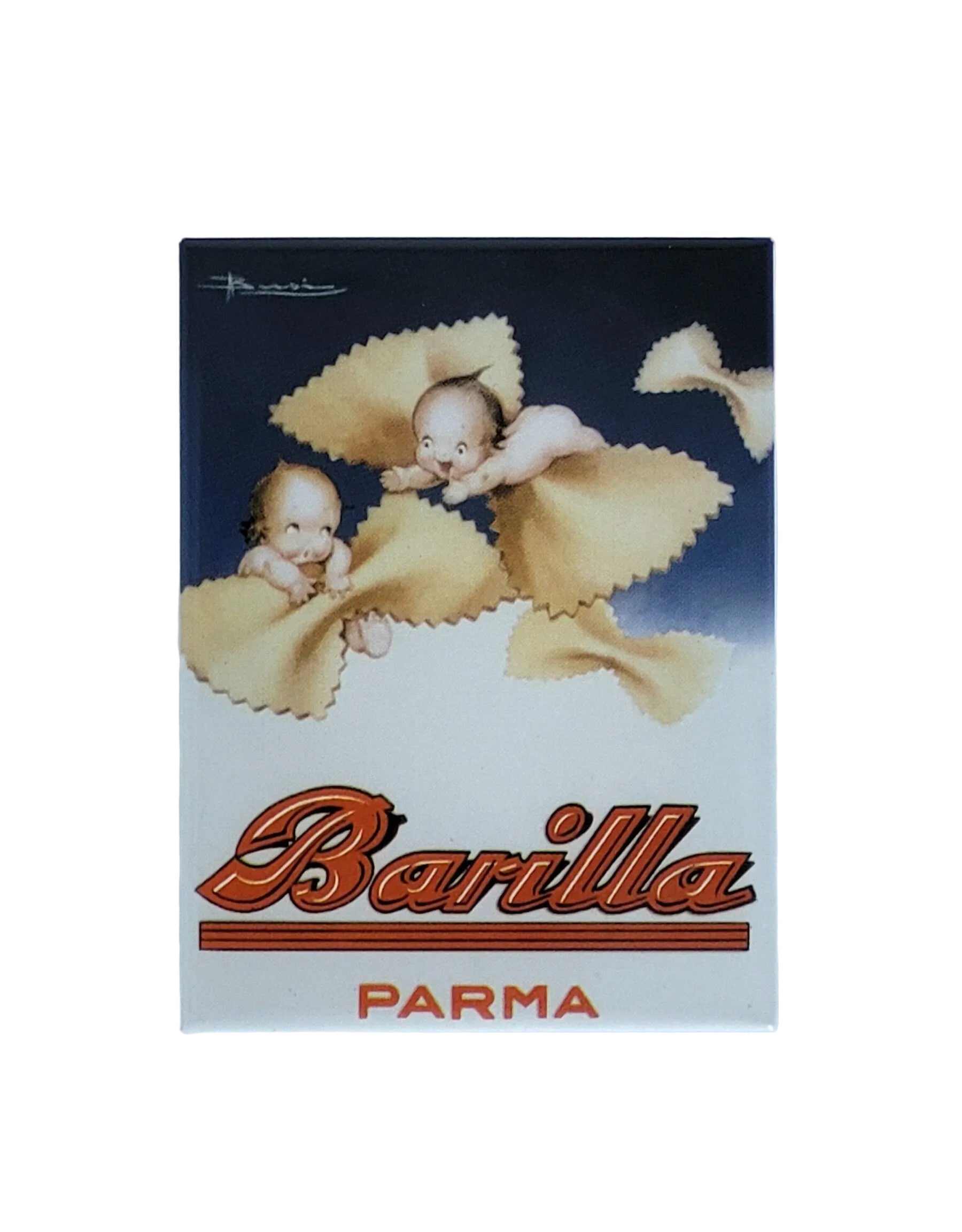 „Rechteckiger Kühlschrankmagnet ‚Barilla Parma – Motiv 1‘; farbig bedrucktes, stabiles Blech; vollflächiger Magnet, Format ca. 6 × 8 cm; geeignet zum Befestigen mehrerer Notizzettel.“