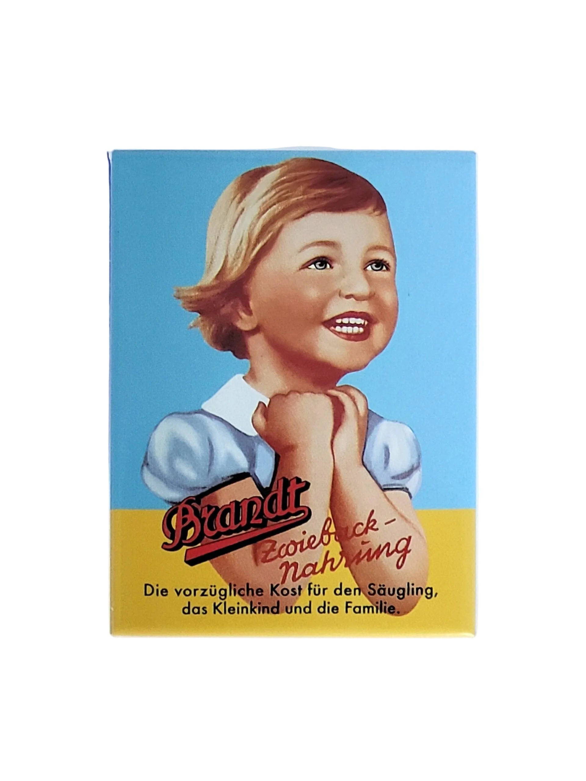 „Rechteckiger Kühlschrankmagnet ‚Brandt – Zwieback Nahrung Mädchen‘; farbig bedrucktes, stabiles Blech; vollflächiger Magnet; Format ca. 6 × 8 cm; geeignet zum Befestigen mehrerer Notizzettel.“
