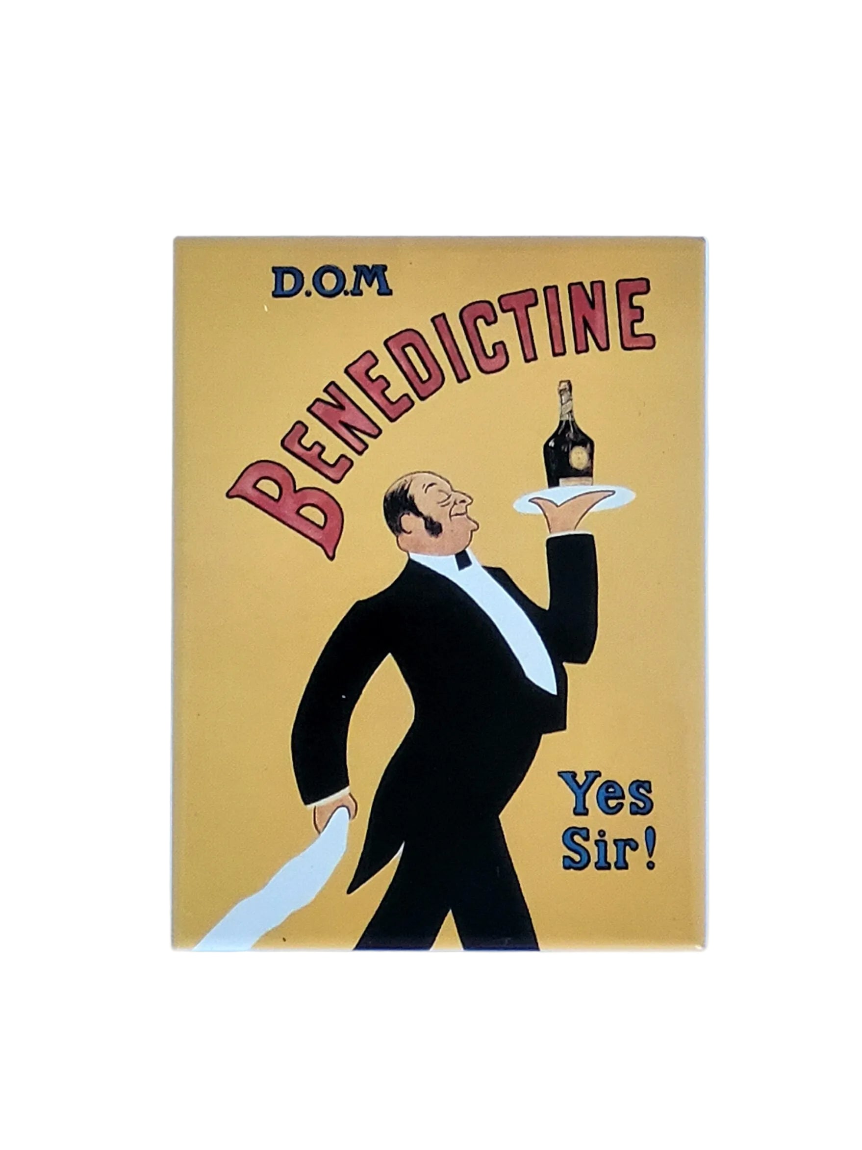 „Rechteckiger Kühlschrankmagnet ‚D.O.M. – Benedictine Yes Sir!‘; farbig bedrucktes, stabiles Blech; vollflächiger Magnet; Format ca. 6 × 8 cm; geeignet zum Befestigen mehrerer Notizzettel.“