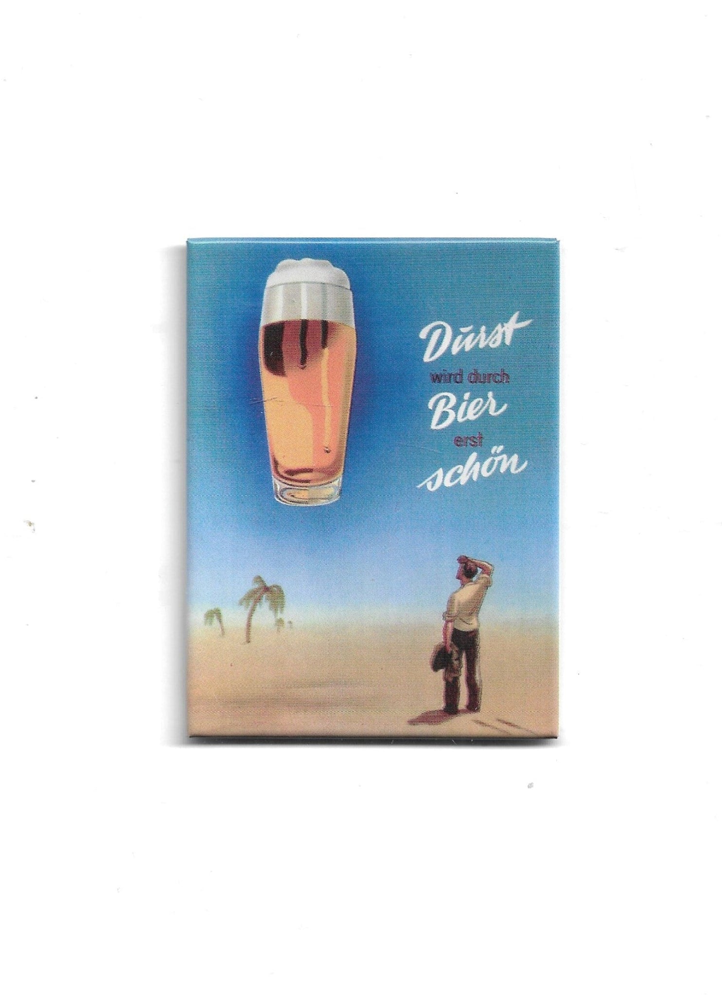 Retro‑Kühlschrankmagnet aus farbig bedrucktem, stabilem Blech. Vollflächig magnetisch, 6 × 8 cm, ideal für mehrere Notizzettel. Perfekt für Bier‑Fans und humorvolle Retro‑Motive.