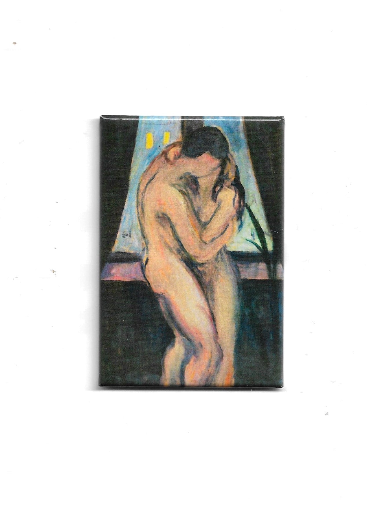„Rechteckiger Kühlschrankmagnet ‚Edvard Munch – Der Kuss‘; farbig bedrucktes, stabiles Stahlblech; vollflächiger Magnet; Format ca. 8 × 5,5 cm; geeignet zum Befestigen mehrerer Notizzettel.“