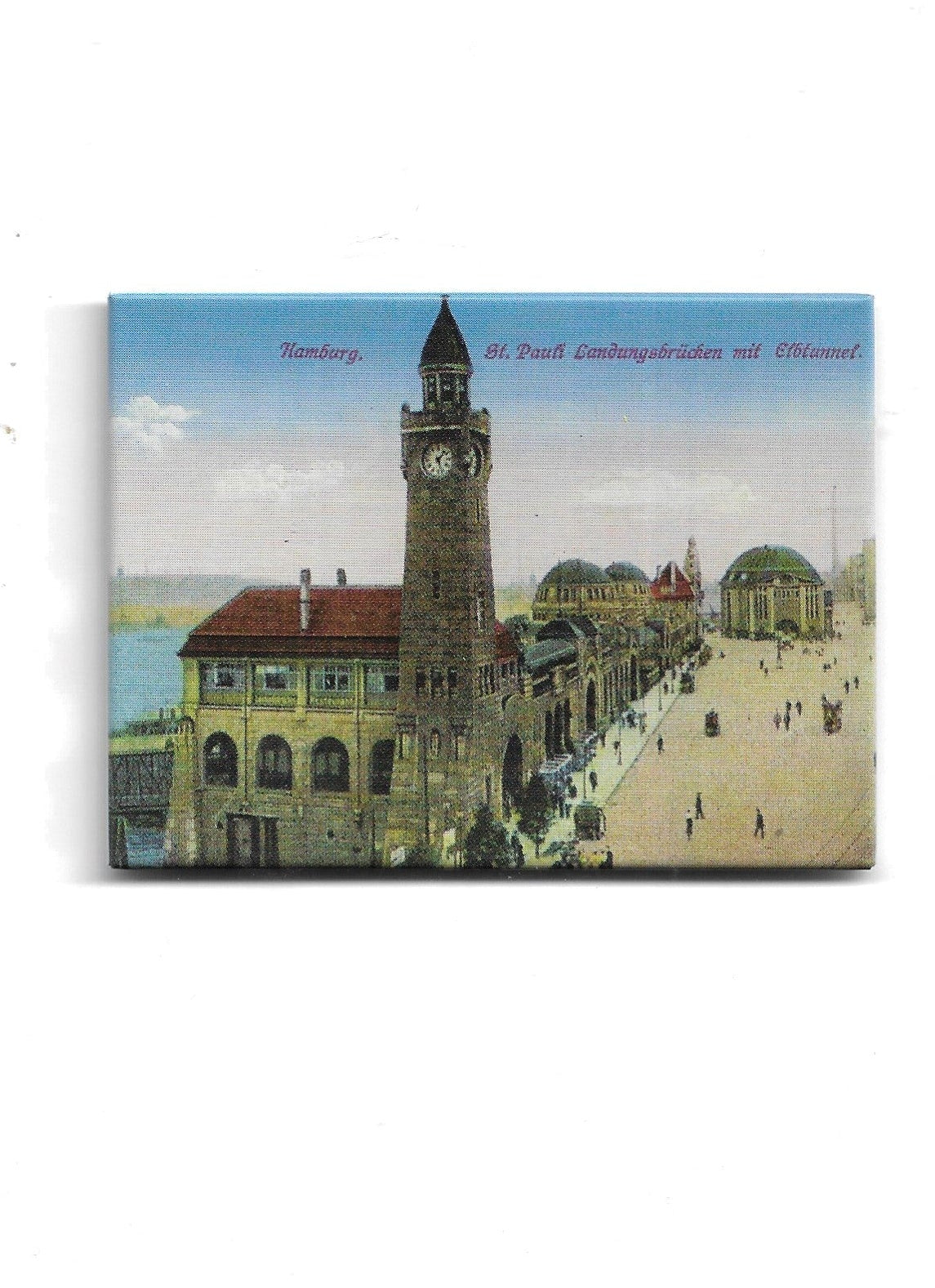 „Rechteckiger Kühlschrankmagnet ‚Hamburg – St. Pauli Landungsbrücken – Elbtunnel‘; farbig bedrucktes, stabiles Blech; vollflächiger Magnet; Format ca. 6 × 8 cm; geeignet zum Befestigen mehrerer Notizzettel.“