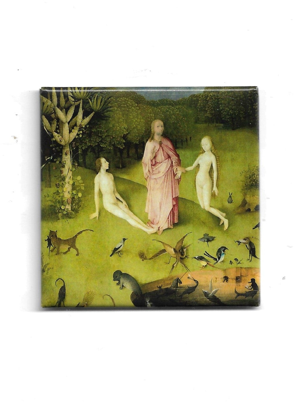 „Quadratischer Kühlschrankmagnet ‚Hieronymus Bosch – Der Garten der irdischen Freuden‘; farbig bedrucktes, stabiles Stahlblech; große Magnetfläche 6,5 × 6,5 cm; geeignet zum Befestigen von Notizzetteln.“