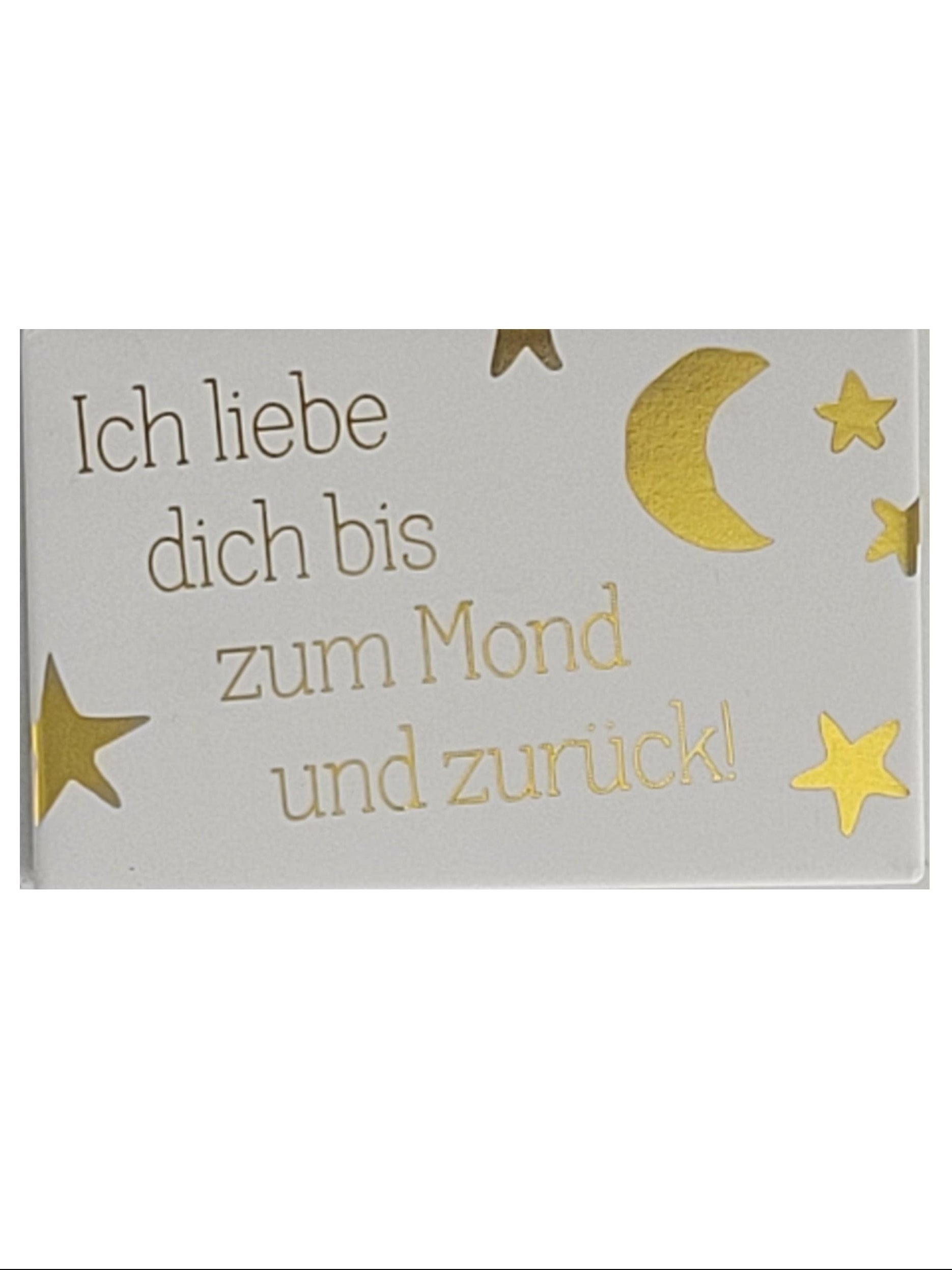 „Rechteckiger Softmagnet mit Spruch ‚Ich liebe dich bis zum Mond‘; farbig bedruckt, leicht biegsam; große Magnetfläche 8,5 × 5,5 cm; geeignet zum Befestigen von Notizzetteln.“