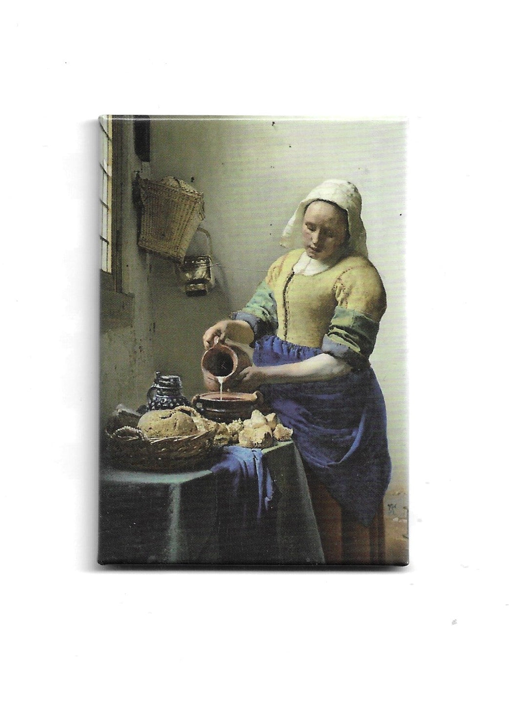 „Rechteckiger Kühlschrankmagnet ‚Jan Vermeer – Die Milchmagd‘; farbig bedrucktes, stabiles Stahlblech; große Magnetfläche 8 × 5,5 cm; geeignet zum Befestigen von Notizzetteln.“