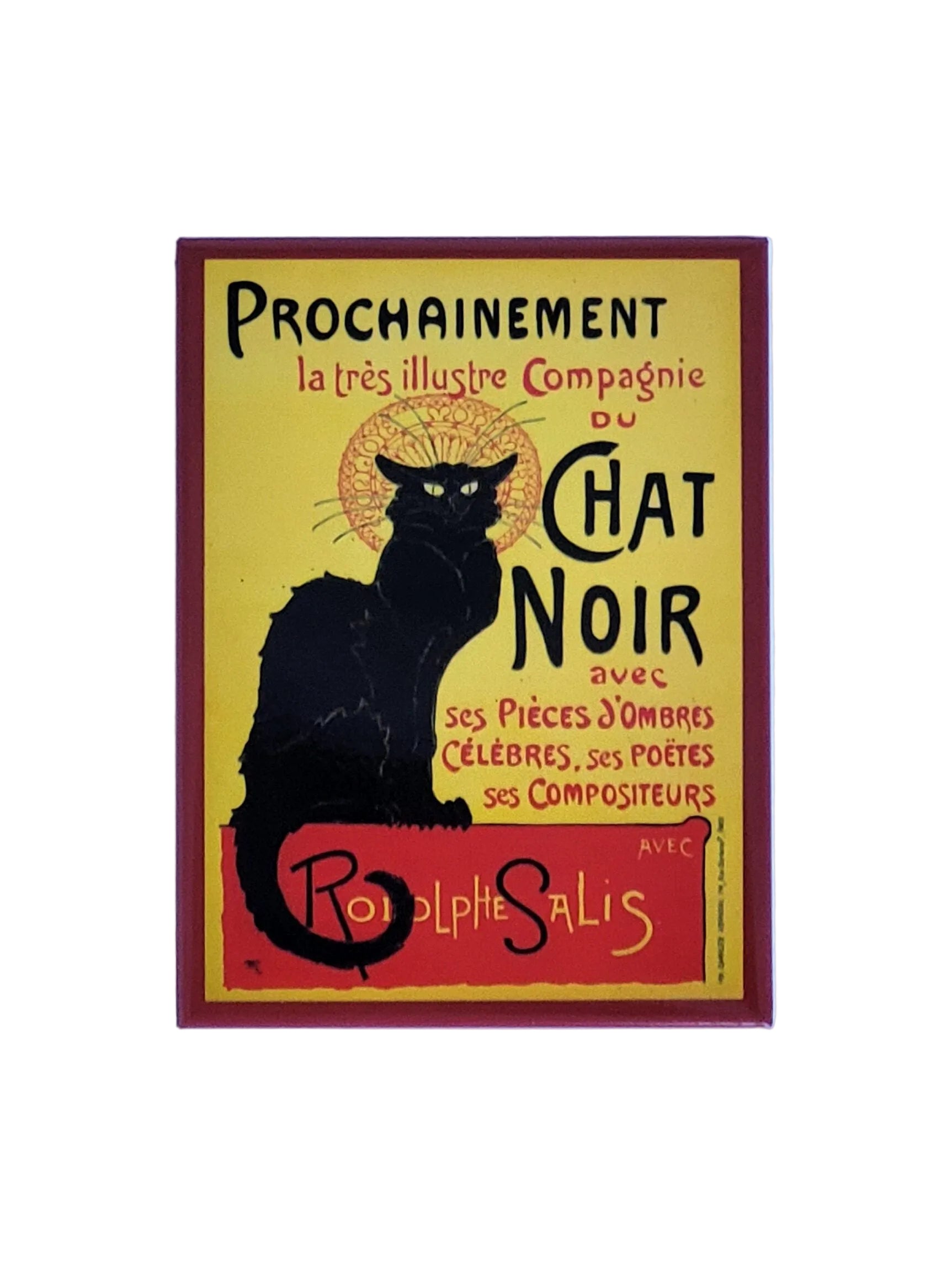 „Rechteckiger Kühlschrankmagnet ‚Le Chat noir Paris – Prochainement‘; farbig bedrucktes, stabiles Blech; vollflächiger Magnet; Format ca. 6 × 8 cm; geeignet zum Befestigen mehrerer Notizzettel.“