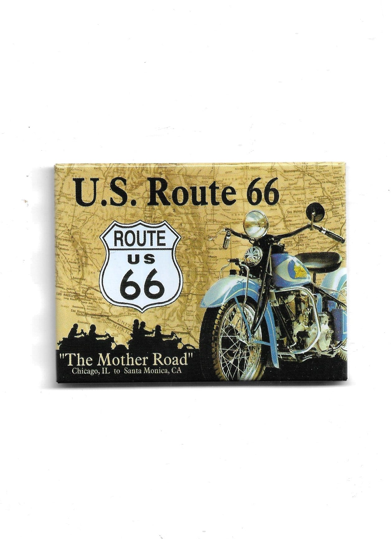 „Rechteckiger Kühlschrankmagnet ‚Route US 66 – U.S. Route 66‘; farbig bedrucktes, stabiles Blech; vollflächiger Magnet; Format ca. 6 × 8 cm; geeignet für mehrere Notizzettel.“