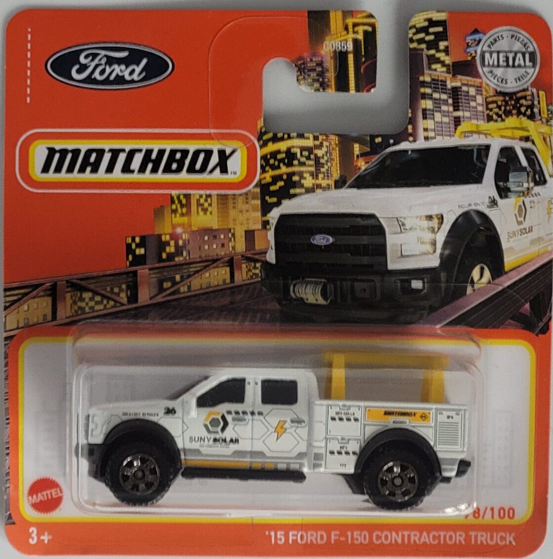 Matchbox Ford F‑150 Contractor 2015 Modell 78/100, weißer Metall‑Druckguss, ca. 6,5×3×2,5–3,5 cm – neues Sammlermodell in OVP im Maßstab 1:64.