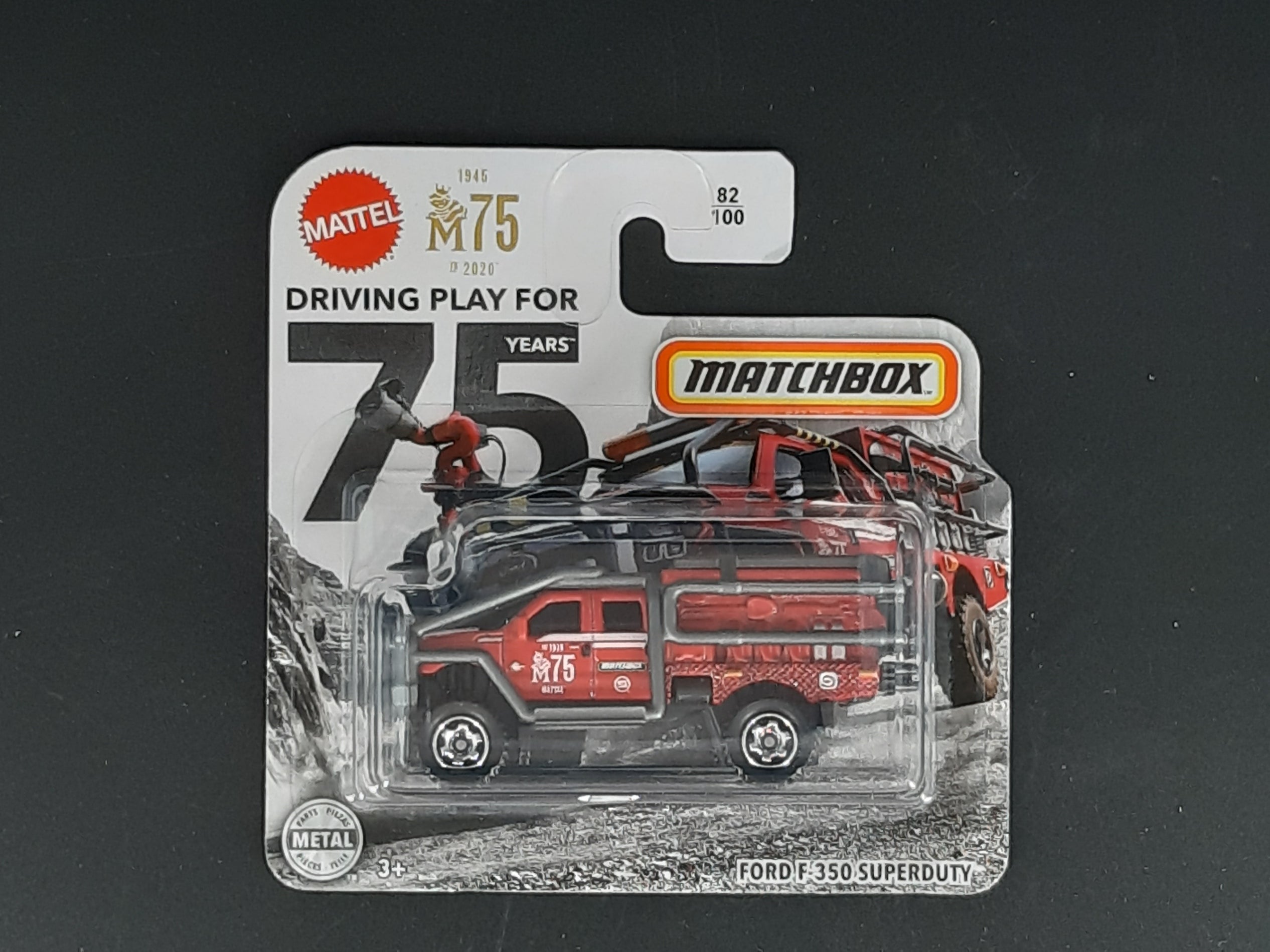 Matchbox Ford F‑350 Superduty 82/100 M75 Anniversary, roter Metall‑Druckguss, ca. 6,5×3×2,5–3,5 cm – neues Sammlermodell in OVP im Maßstab 1:64