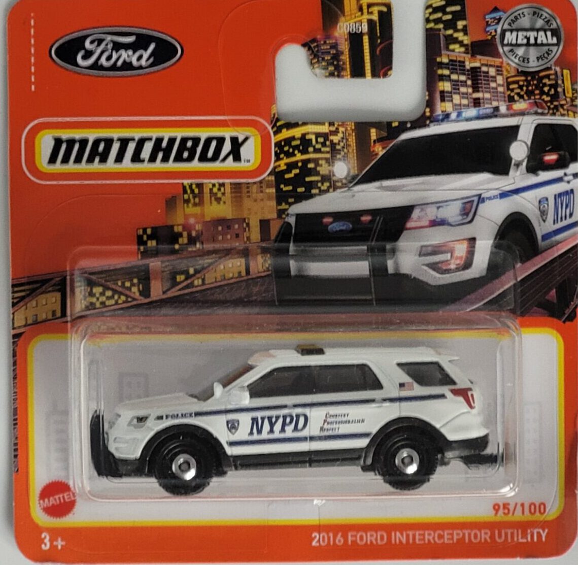Matchbox Ford Interceptor Utility NYPD 2016 Modell 95/100, blauer Metall‑Druckguss, ca. 6,5×3×2,5–3,5 cm – neues Sammlermodell in OVP im Maßstab 1:64.